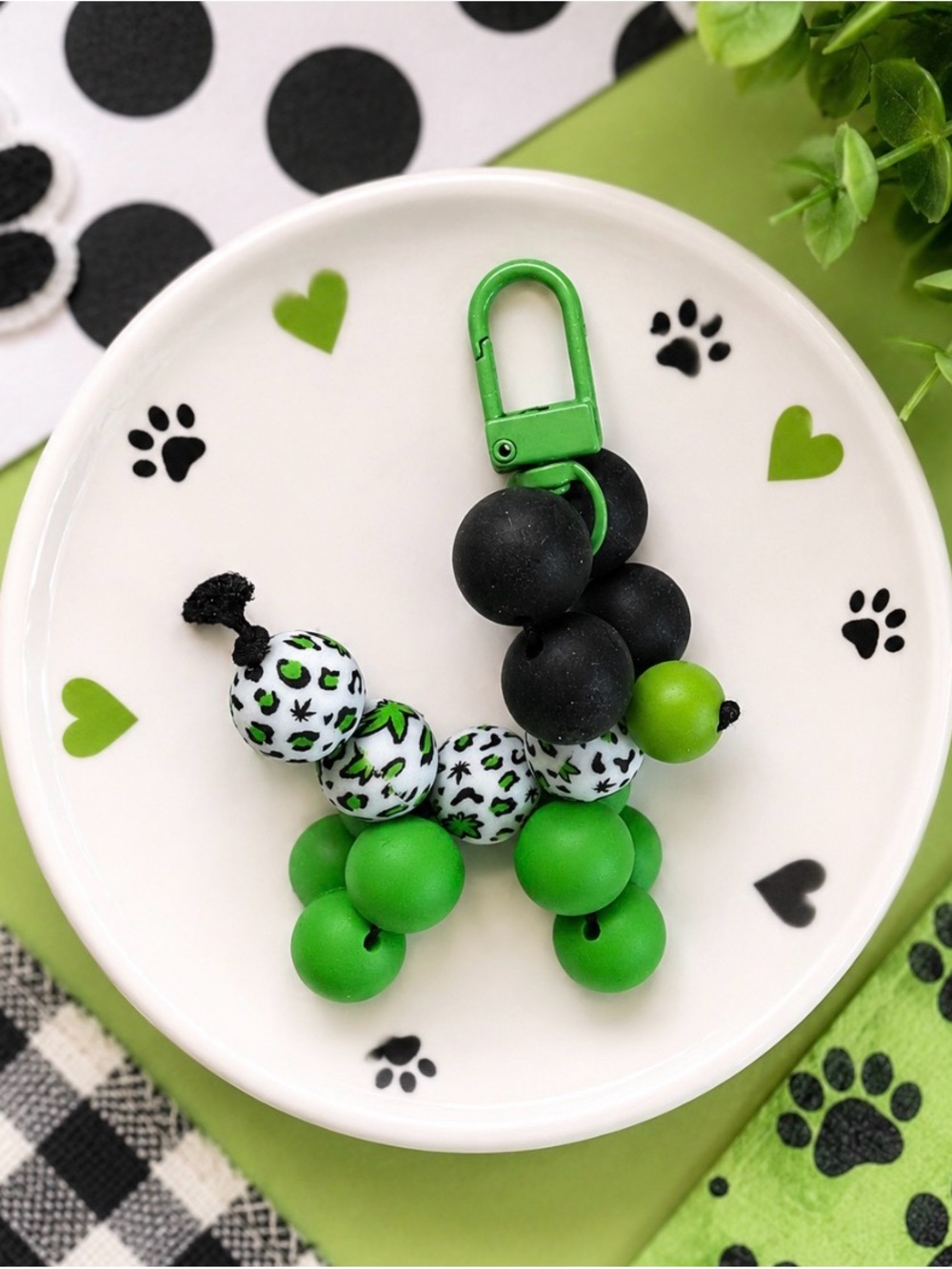 Hand Crafted Green & Black Beaded Balloon Dog Keychain Charm